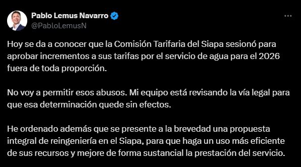 Pablo Lemus rechazó el aumento desproporcionado del Siapa en 2026 y anunció acciones legales para frenarlo así como reingeniería total del organismo.