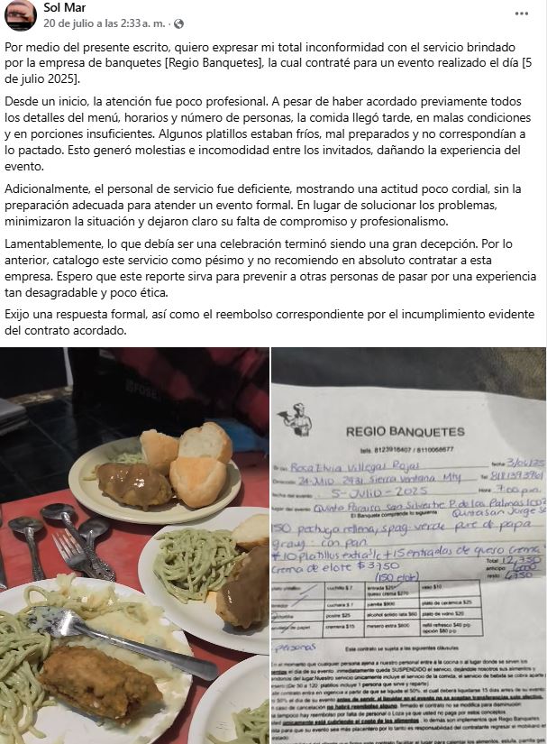 Regia denuncia comida en mal estado de servicio de banquetes