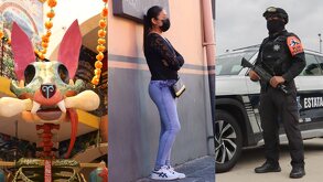 escultura de día de muertos, una mujer con cubrebocas en la calle y un policía al lado de una patrulla