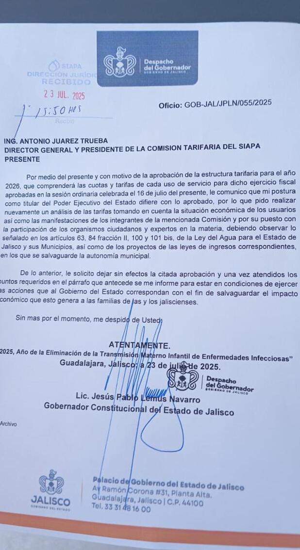 El oficio dirigido a Antonio Juárez fija la postura de Lemus Navarro sobre el aumento a la tarifa de Siapa para 2026.
