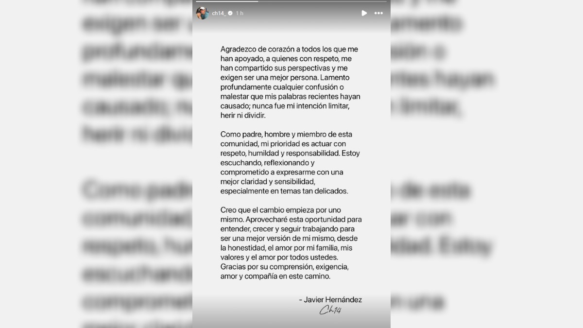 Javier Hernández compartió una historia en su Instagram hablando del tema por el que ha sido objeto de críticas en los últimos días.