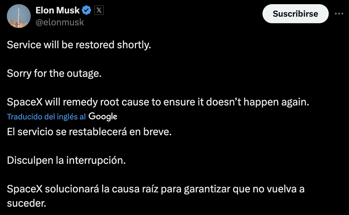Elon Musk publica falla de Starlink Elon Musk publica falla de Starlink