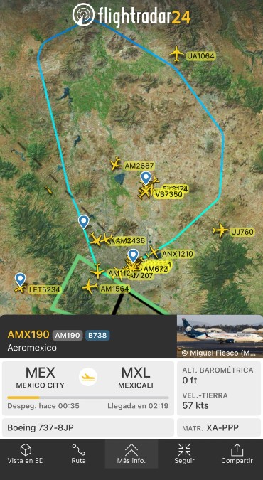 Flightradar24 mostró cómo el vuelo AM190 regresó al AICM tras una falla en la presurización. Flightradar24 mostró cómo el vuelo AM190 regresó al AICM tras una falla en la presurización.