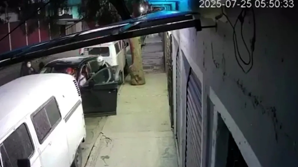 Una cámara de seguridad grabó el momento en el que dos sujetos amagan a una familia y los obligan a salir de su auto para robarlo.
