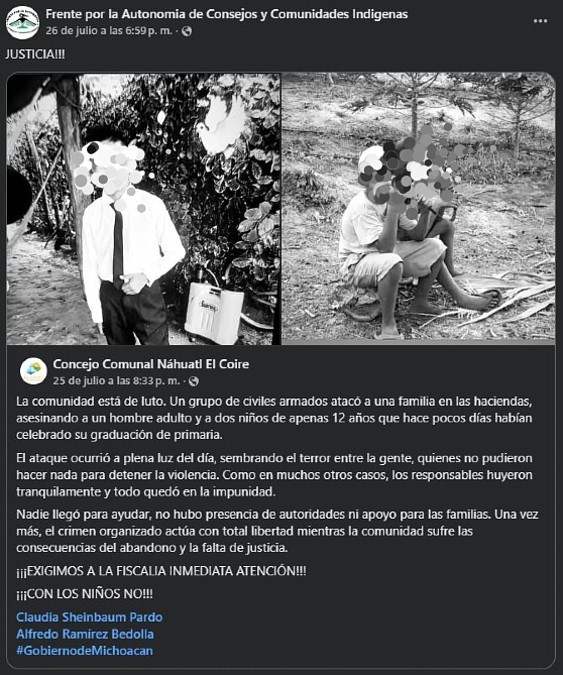 Ataque armado en Aquila deja tres muertos, incluidos dos niños; comunidades indígenas denuncian abandono del Estado ante el crimen organizado. Ataque armado en Aquila deja tres muertos, incluidos dos niños; comunidades indígenas denuncian abandono del Estado ante el crimen organizado.