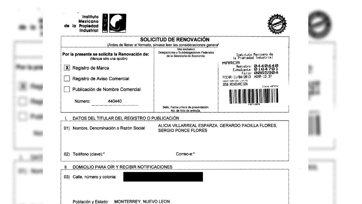 Solicitud de renovación IMPI lleva nombre de Alicia Villarreal Solicitud de renovación IMPI lleva nombre de Alicia Villarreal