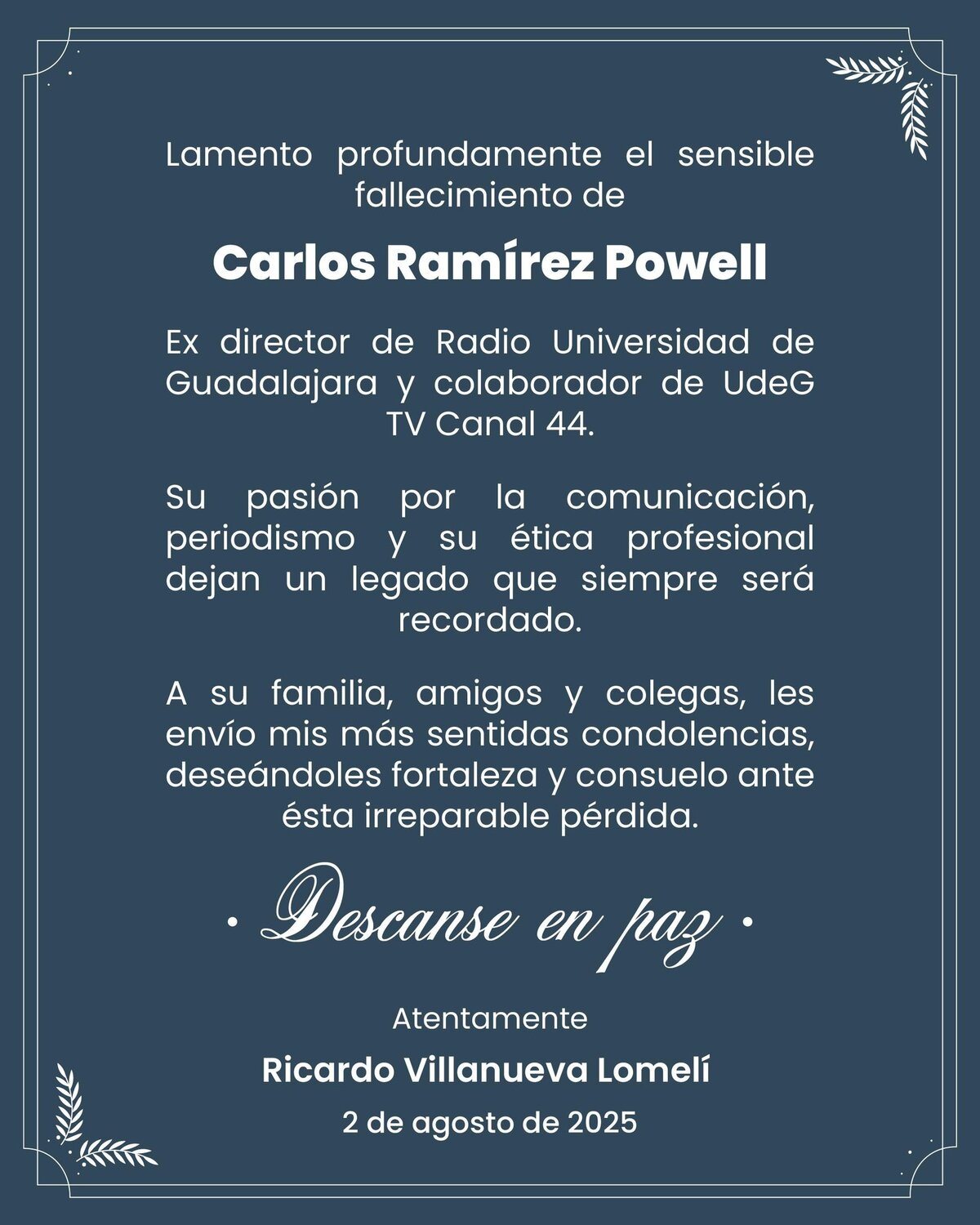 El periodista Carlos Ramírez Powell falleció tras un accidente; Villanueva y Planter lamentaron su partida y destacaron su legado en la radio universitaria. El periodista Carlos Ramírez Powell falleció tras un accidente; Villanueva y Planter lamentaron su partida y destacaron su legado en la radio universitaria.