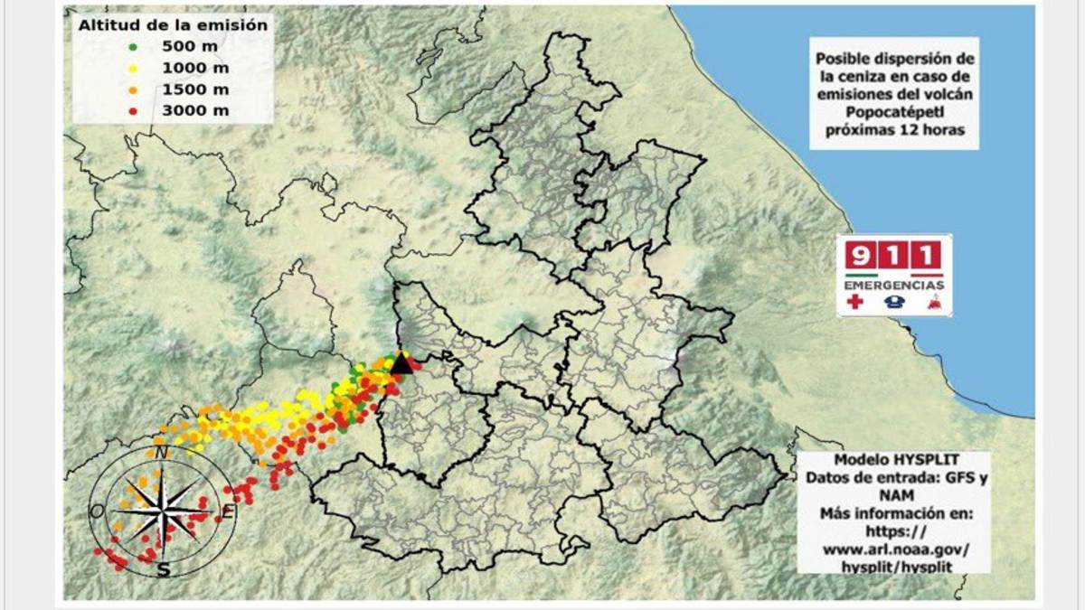 infografía de la dirección de ceniza del popocatépetl