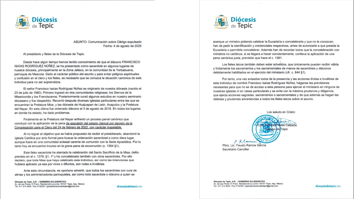 Un falso sacerdote excomulgado, identificado como Francisco Isaías Rodríguez Núñez, ha sido reportado en Jalisco, de acuerdo con la Diócesis de Tepic.