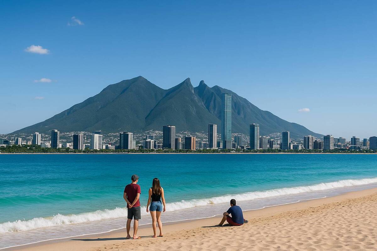 Monterrey con playa con el cerro de la Silla de fondo. Imagen generada con IA.