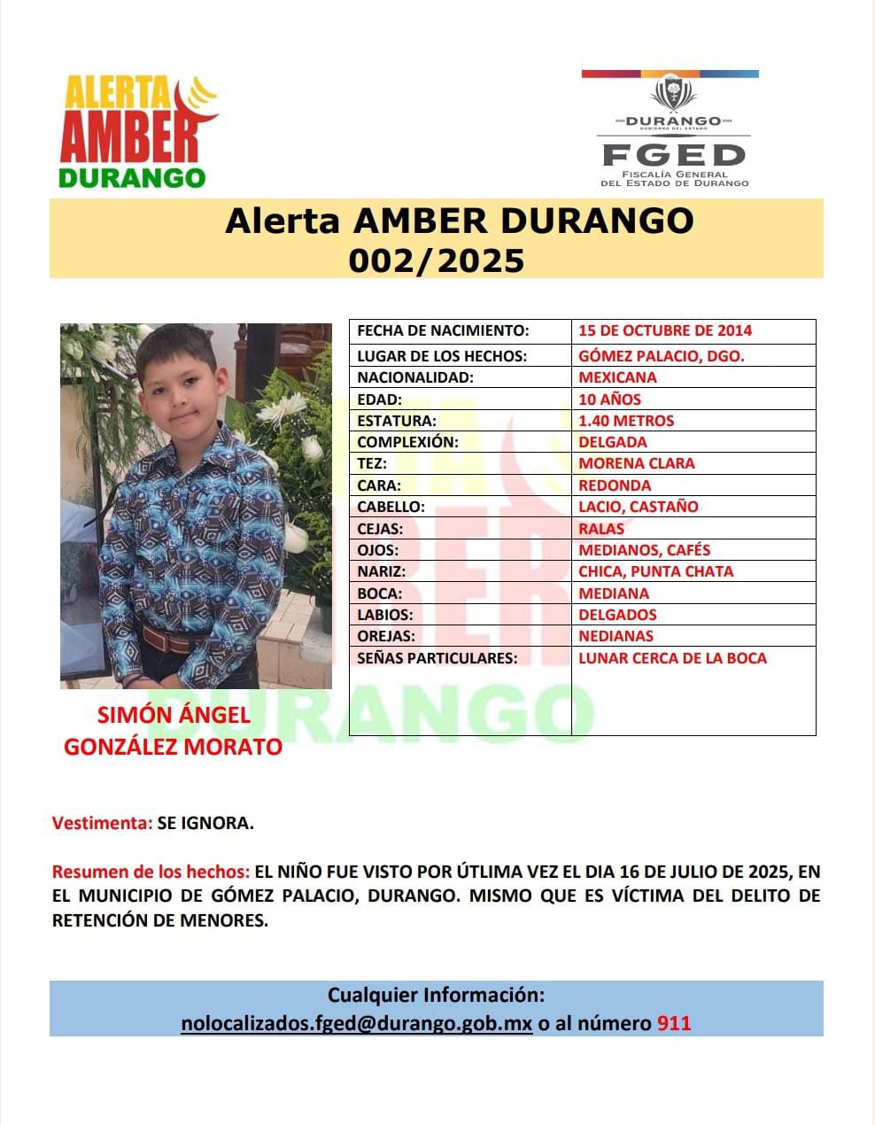 Este jueves se emitió la Alerta Amber por la desaparición de Simón Ángel, un pequeño del que su madre ya había denunciado su sustracción.