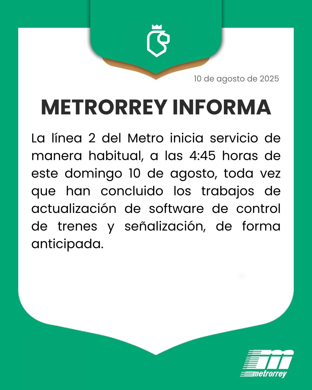 Comunicado de Metrorrey sobre Línea 2 del Metro