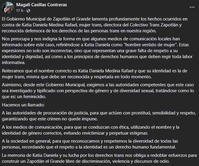 Reconocida activista trans de Zapotlán el Grande, Katia Medina Rafael, fue hallada muerta en una brecha; piden que el caso se maneje como un feminicidio.