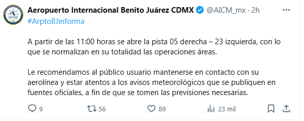 Los vuelos del AICM se reanudaron a partir de las 11:00 horas