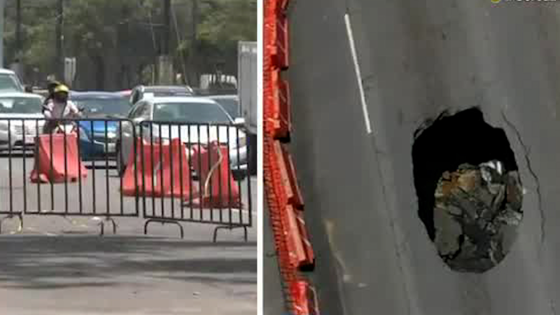 Tres de los cuatro carriles centrales se encuentran bloqueados debido a la presencia del socavón, provocando retrasos de más de 40 minutos.