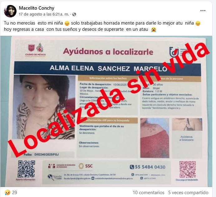 La madre de Alma Elena dedicó unas palabras a su hija a través de redes sociales