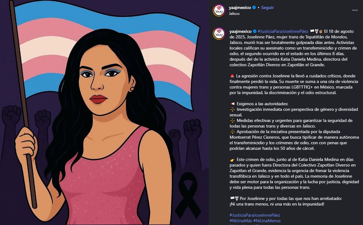 Colectivos LGBT exigen justicia por el transfeminicidio de Joselinne Páez en Tepatitlán, hecho que visibiliza la violencia contra mujeres trans.