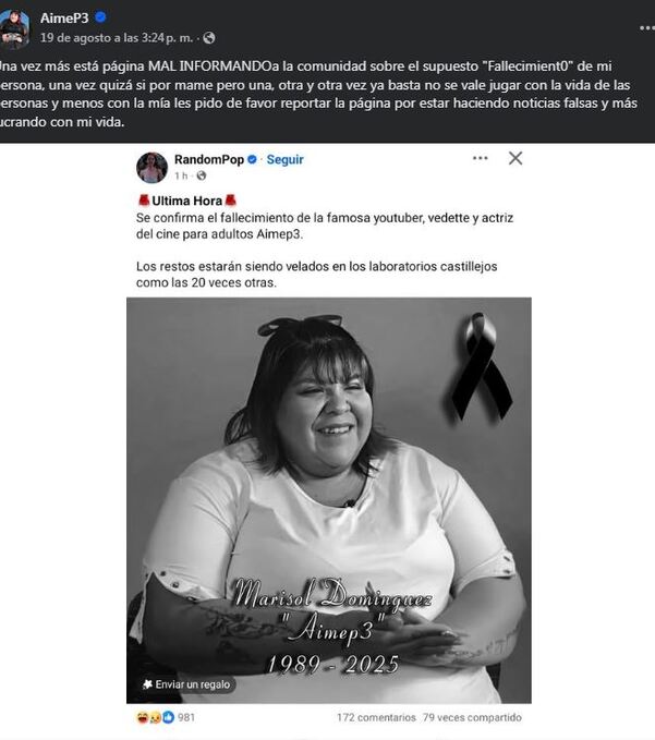 AimeP3 en Facebook reporta su falsa muerte