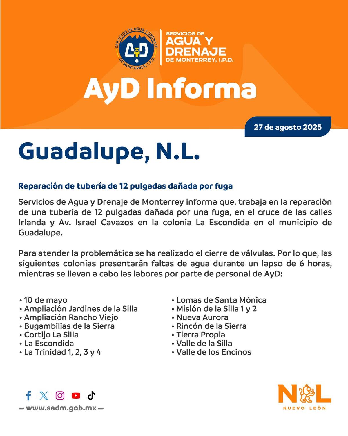 Cortes de agua en Guadalupe, Nuevo León Cortes de agua en Guadalupe, Nuevo León