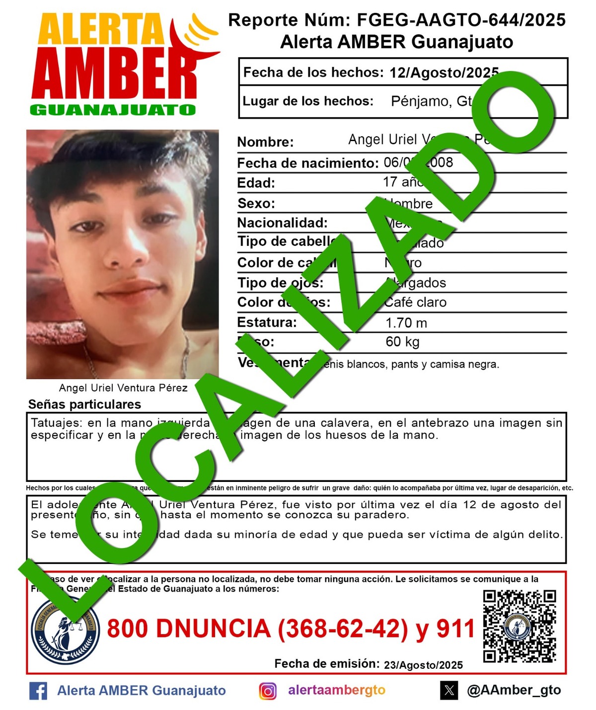 Ángel Uriel, de 17 años fue localizado con vida.