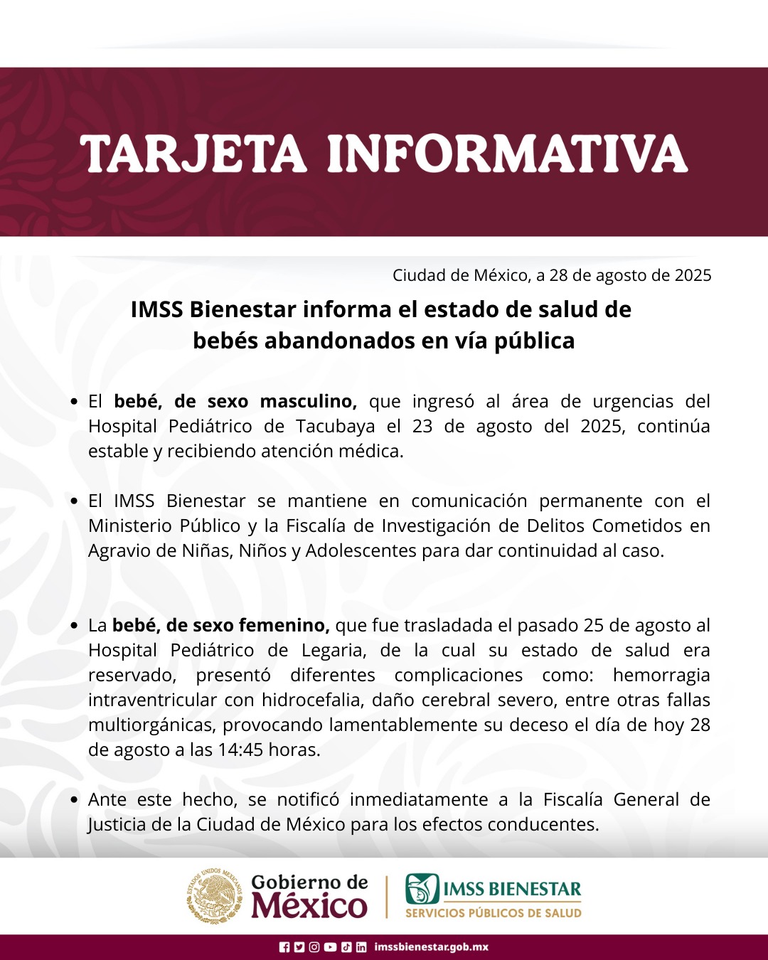 Fallecimiento de la menor se notificó inmediatamente a la Fiscalía General de Justicia de la Ciudad de México