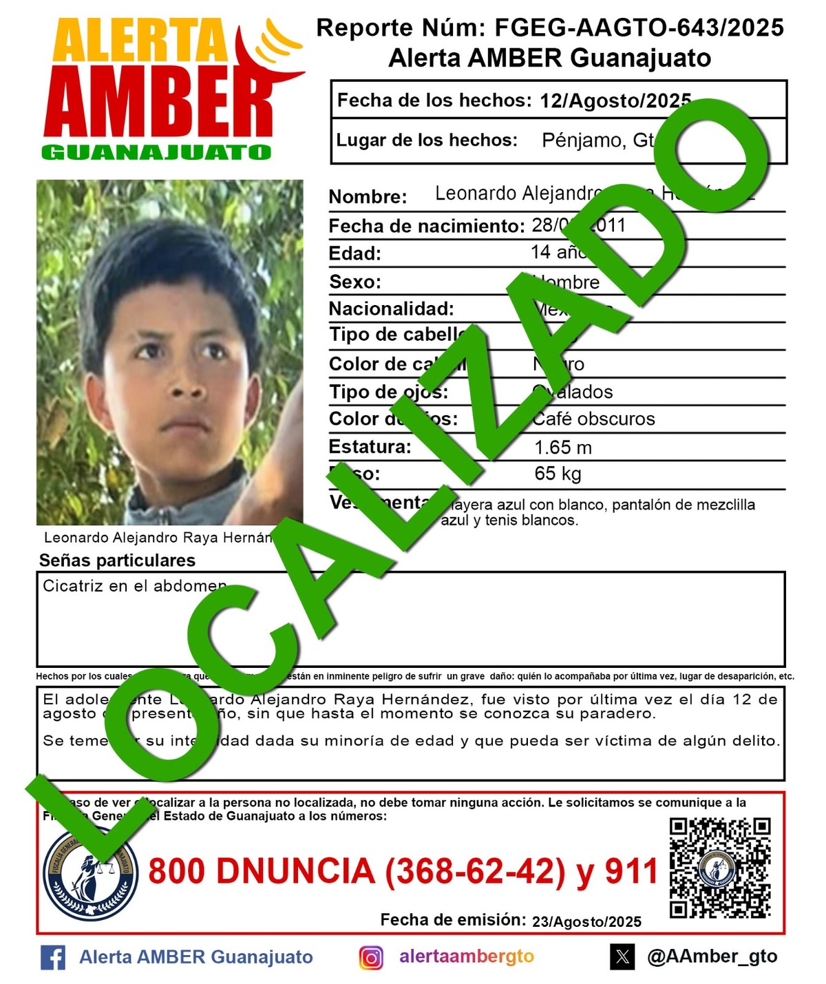 Leonardo Alejandro, de 14 años fue localizado con vida.