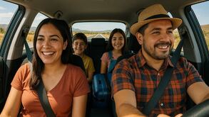 una familia dentro de un auto se va de viaje