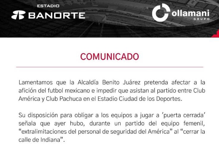 América ya se pronunció respecto al comunicado que la alcaldía Benito Juárez informando que el partido Águilas vs Tuzos se jugaría a puerta cerrada. América ya se pronunció respecto al comunicado que la alcaldía Benito Juárez informando que el partido Águilas vs Tuzos se jugaría a puerta cerrada.