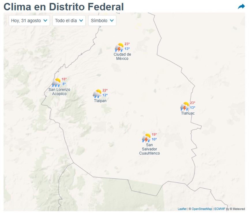 Probabilidad de lluvia en CdMx 31 de agosto del 2025. Probabilidad de lluvia en CdMx 31 de agosto del 2025.