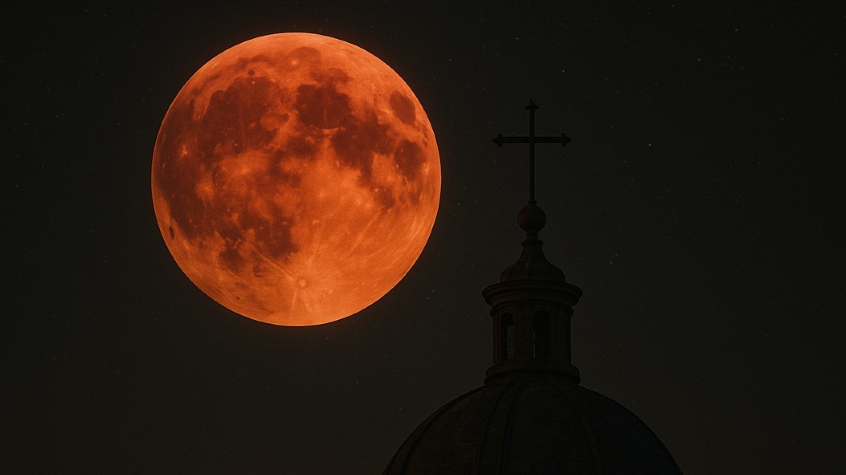 La Luna de Sangre en el cielo nocturno con la cúpula de una iglesia adornando la imagen.