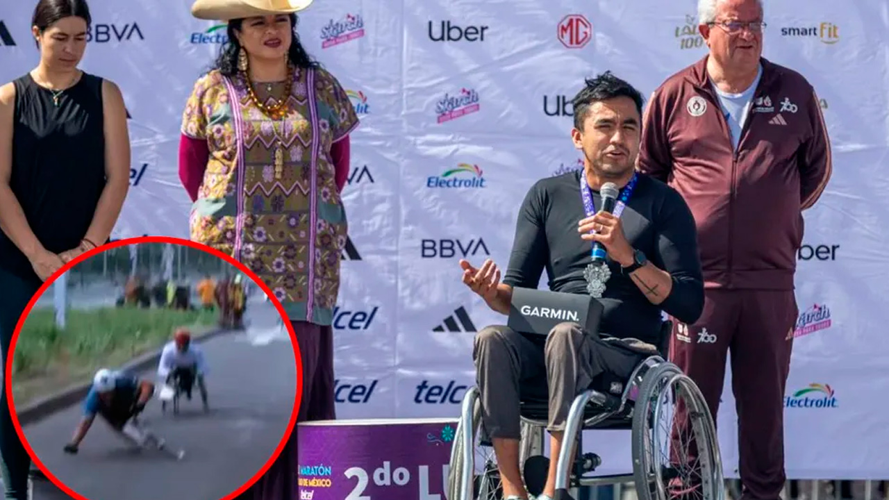 Marco Caballero, subcampeón del Maratón Ciudad de México, denunció caídas de atletas en silla de ruedas por baches en la ruta y acusó discriminación económica.