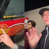 un auto con un cristal roto y un himbre joven con gorra un auto con un cristal roto y un himbre joven con gorra