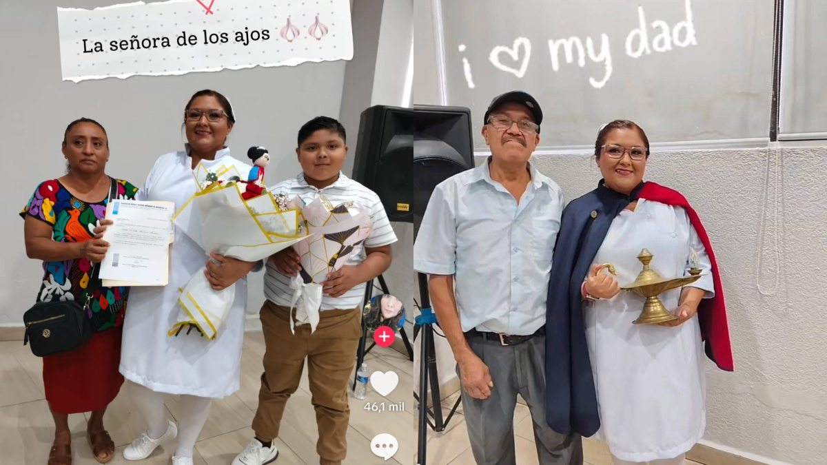 una joven enfermera acompañada de su familia