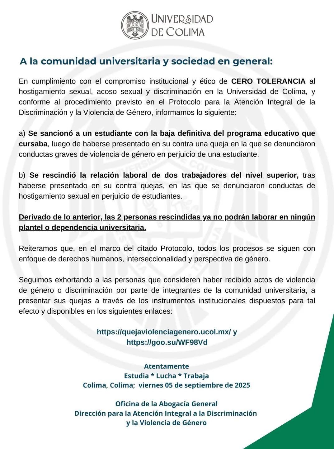 La universidad determinó la exulsión del alumno y despedir a otros dos trabajadores de la misma La universidad determinó la exulsión del alumno y despedir a otros dos trabajadores de la misma