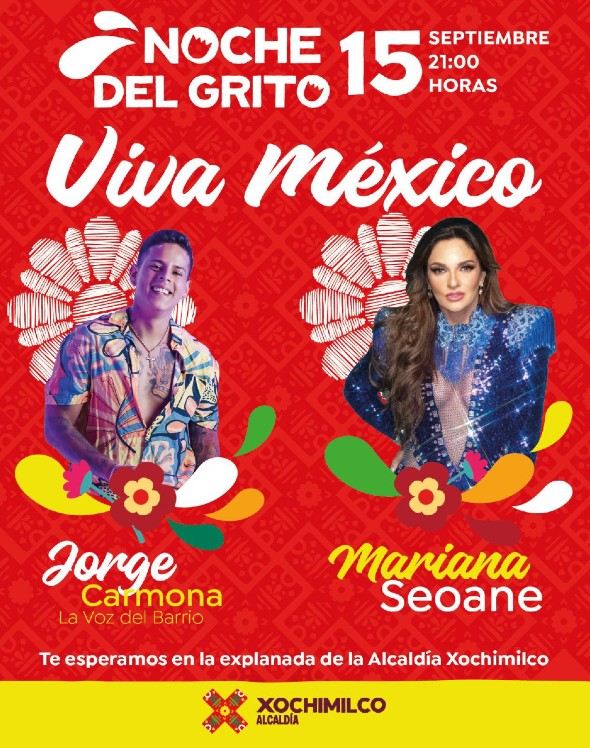 Jorge Carmona y Mariana Seoane estarán en la explanada de la alcaldía Xochimilco el 15 de septiembre de 2025.