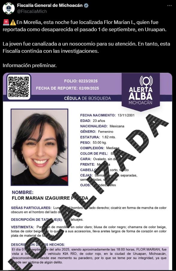 La influencer Marian Izaguirre fue localizada con vida en Morelia tras cinco días desaparecida; autoridades investigan las circunstancias de su desaparición.