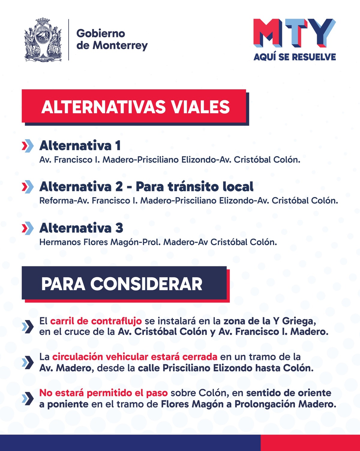 El Ayuntamiento de Monterrey habilitó un nuevo contraflujo sobre la avenida Cristóbal Colón en Monterrey, el cual funcionará por la tarde y noche.