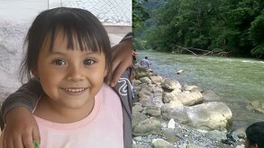niña y vista de un río