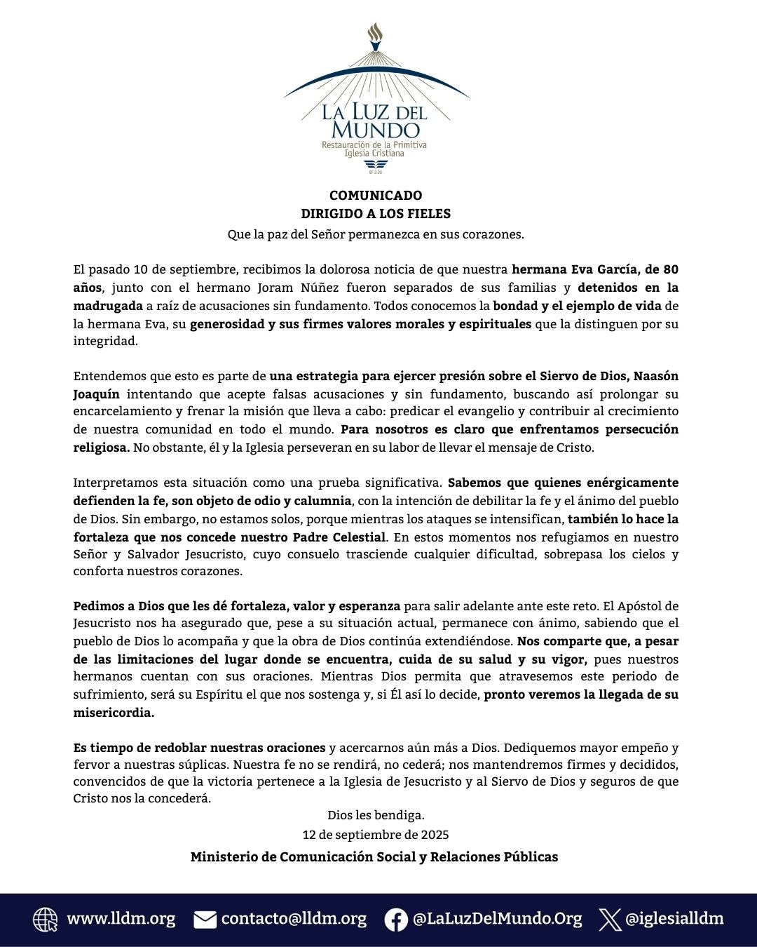 Comunicado Luz del Mundo respecto a delitos de Naasón