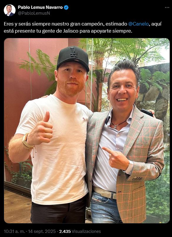 Pablo Lemus se reúne con Canelo Álvarez tras su derrota ante Crawford, reafirmando apoyo y orgullo por el campeón tapatío en Jalisco.