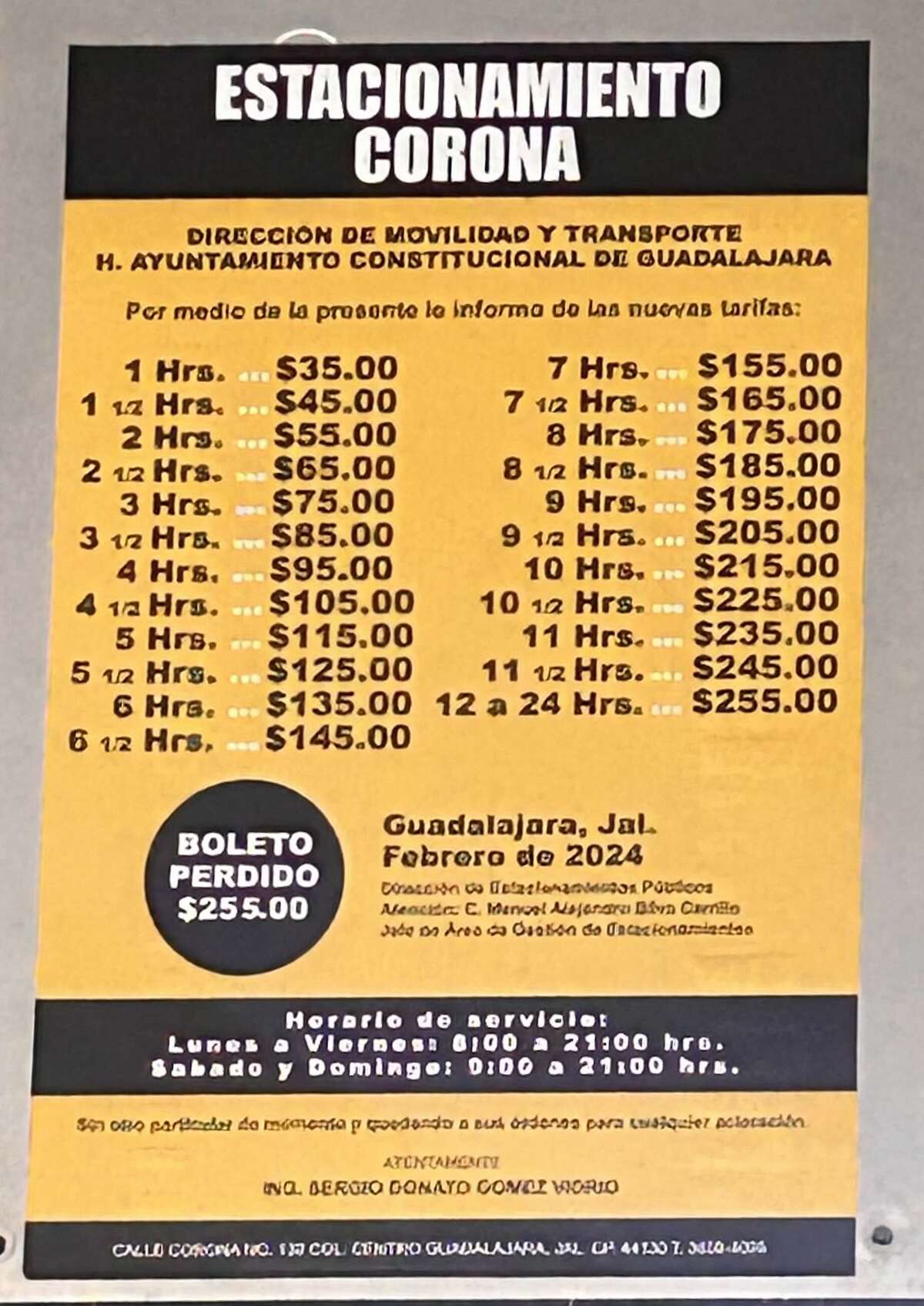 Precios del estacionamiento Corona Guadalajara