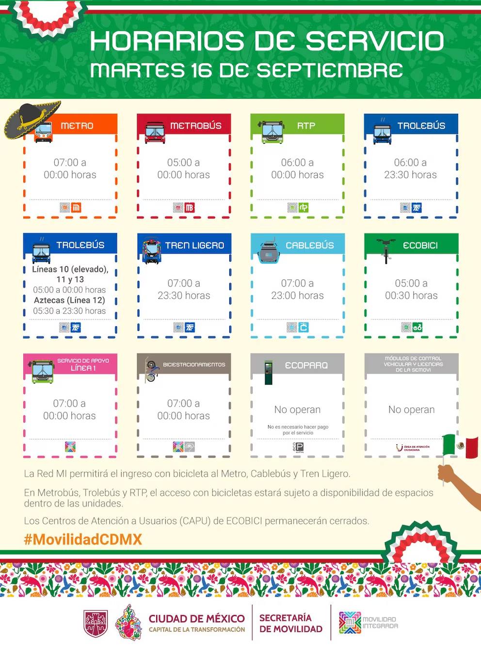 La red de transporte de la Ciudad de México tendrá horario especial el 16 de septiembre