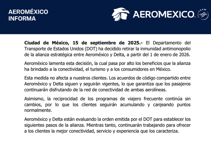 EU pone fin a la alianza entre Aeroméxico y Delta Air Lines; dejarán de operar en conjunto.