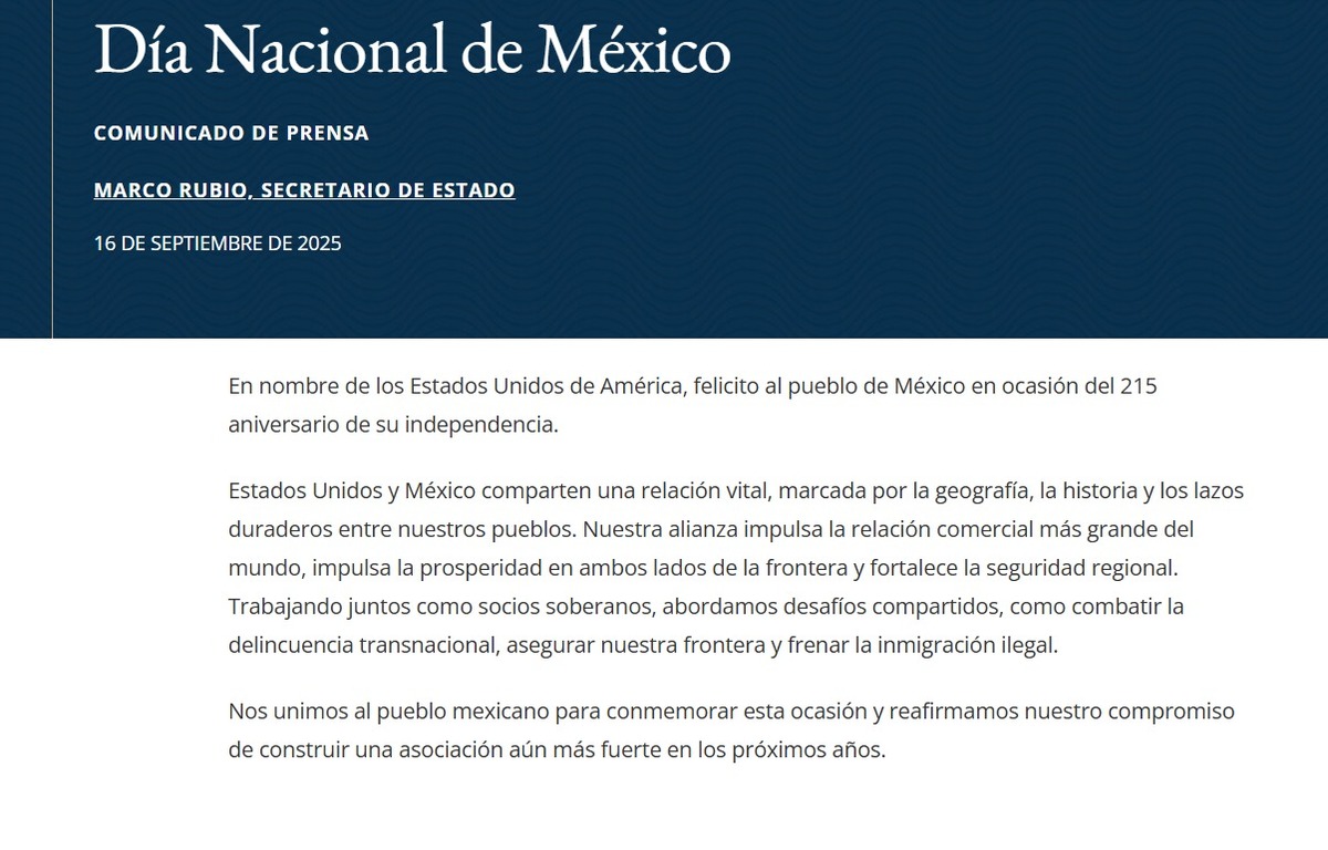 Estados Unidos felicitó al pueblo de México por el 215 aniversario de su Independencia a través de un comunicado oficial emitido desde Washington.
