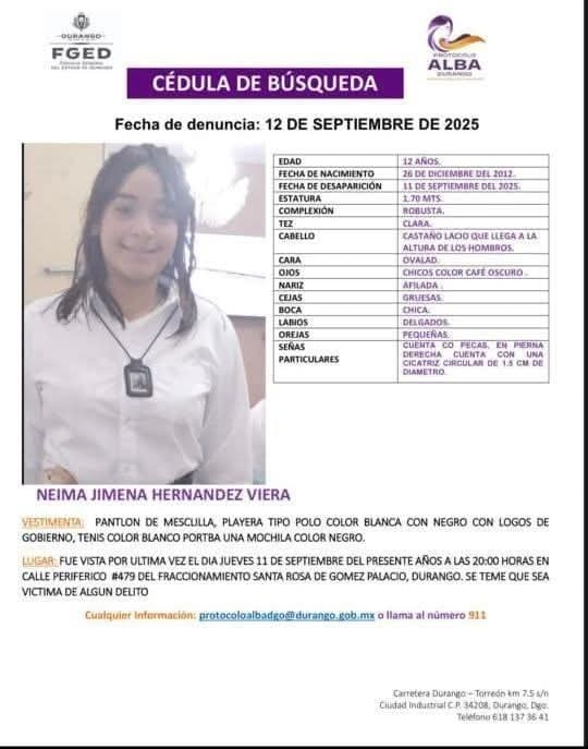 NEIMA JIMENEZ. Menor desaparecida en Gómez Palacio