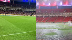 Cancha del Estadio Akron antes y después de la lluvia previo al partido Chivas vs Tigres