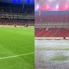 Cancha del Estadio Akron antes y después de la lluvia previo al partido Chivas vs Tigres
