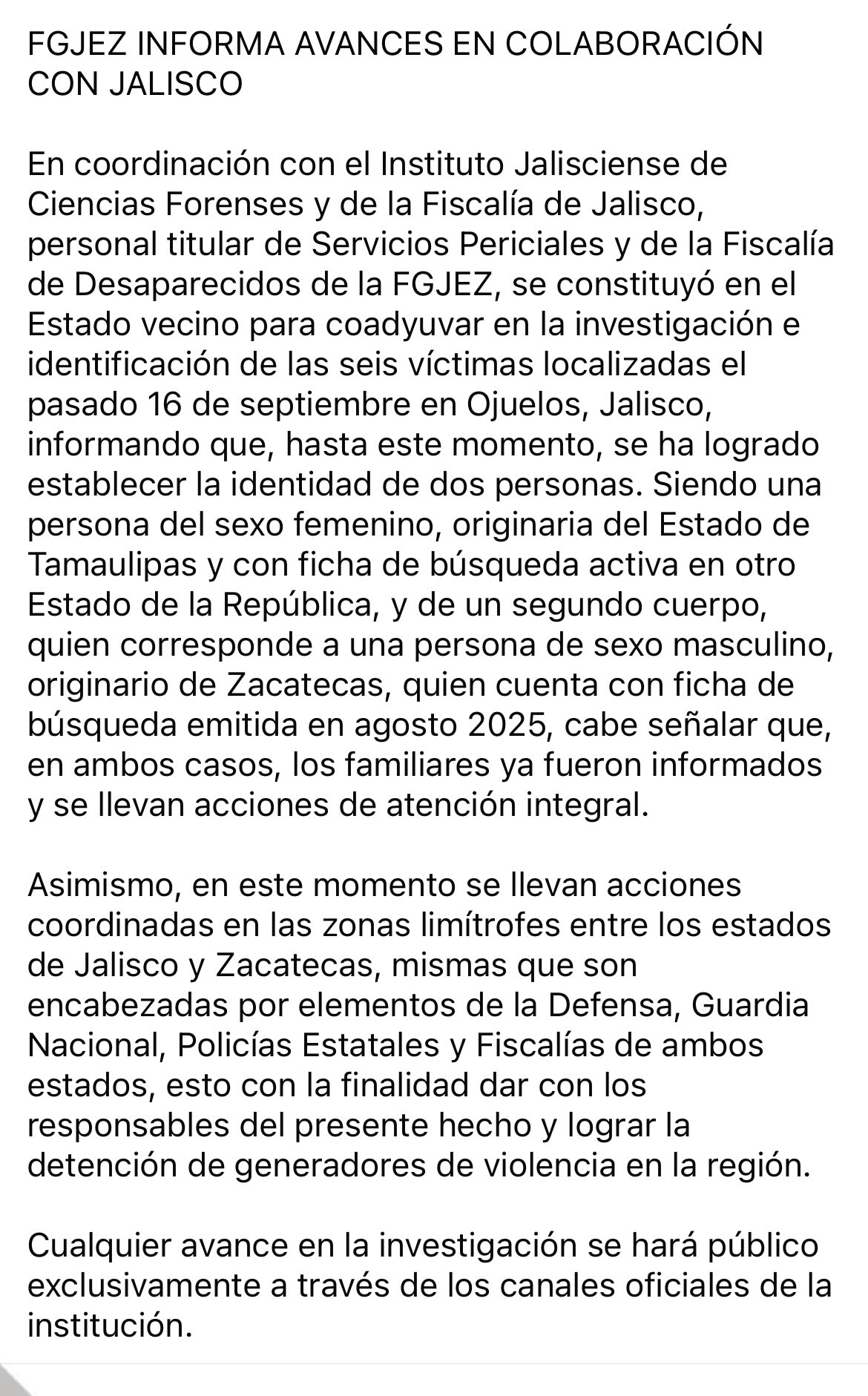 Comunicado Zacatecas: cuerpos en Ojuelos, Jalisco Comunicado Zacatecas: cuerpos en Ojuelos, Jalisco