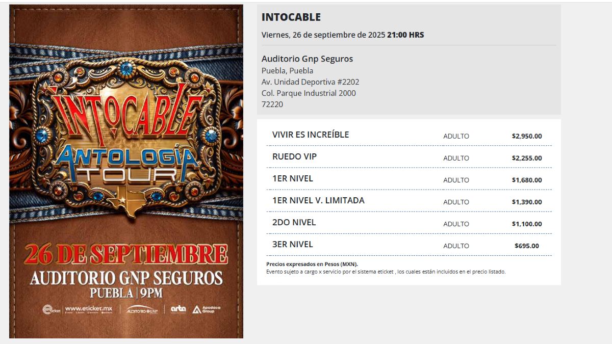 precios de boletos para intocable en puebla