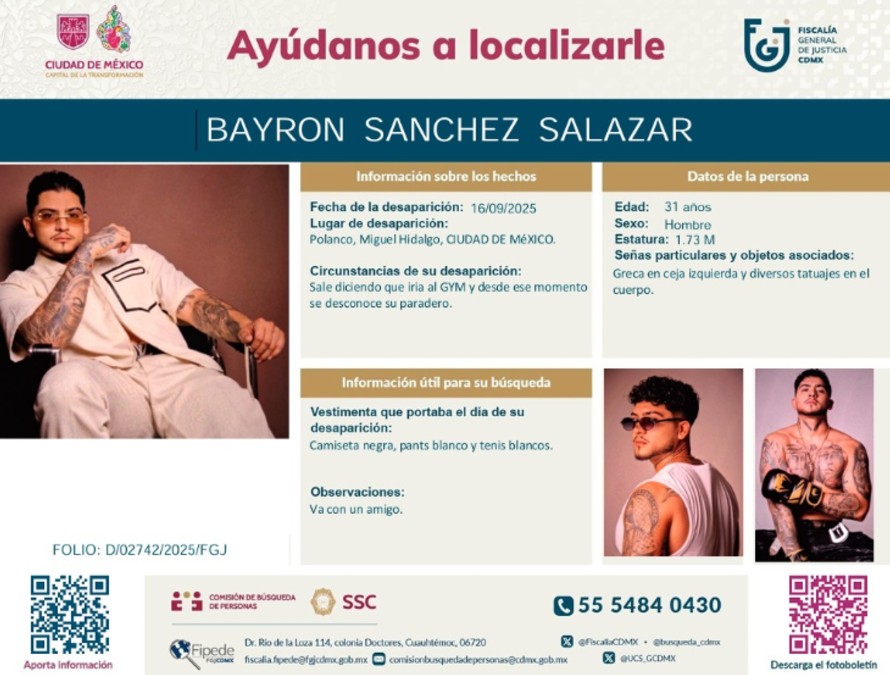 Según la ficha de búsqueda, Bayron Sánchez portaba camisa negra, pants y tenis blancos.